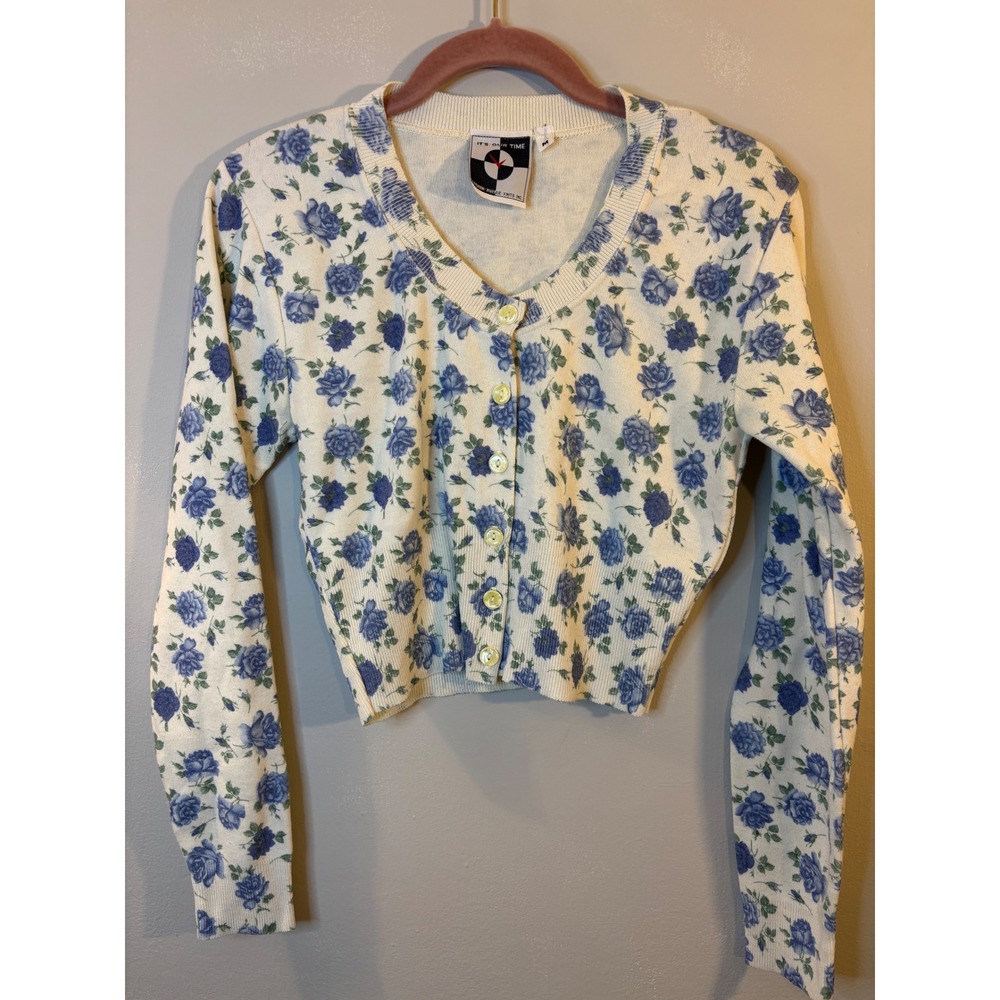 VTG It's Our Time Blue Rose Floral Cropped Cardigan Sweater M 90's